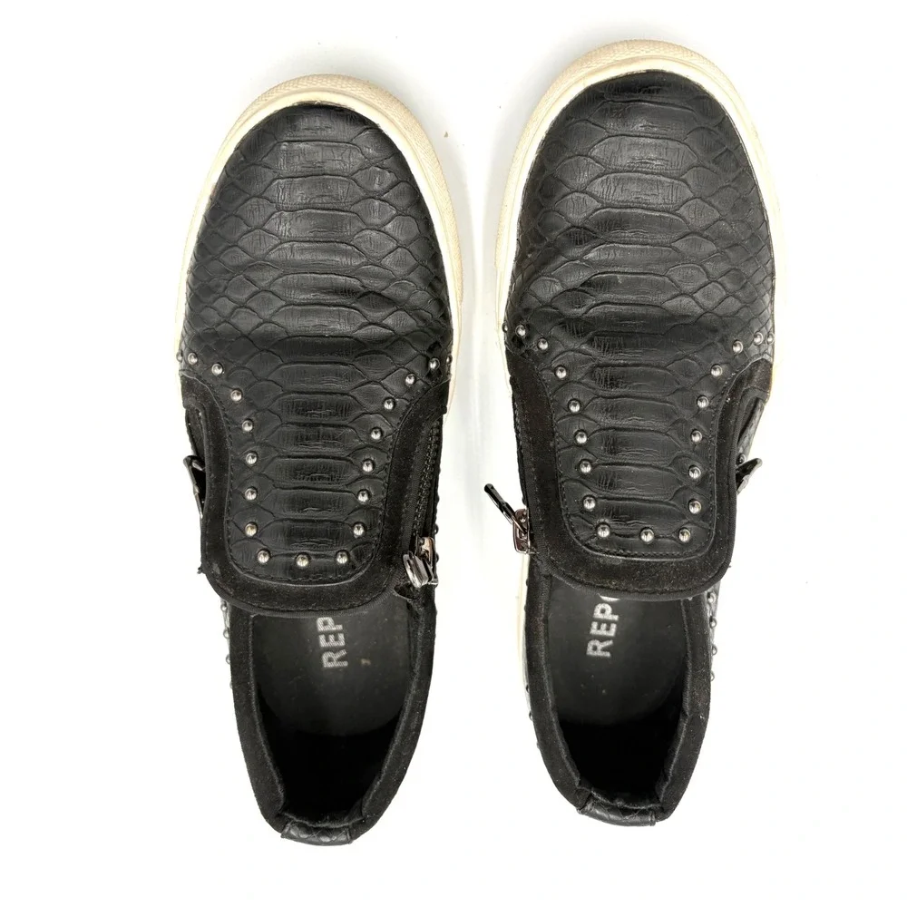 Report Andre Black Snakeskin Embossed Studded Zip‎ Slip On Sneakers Womens 6.5